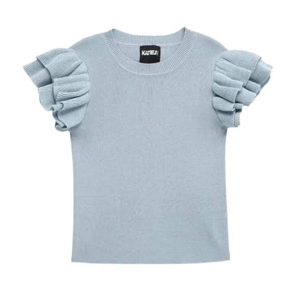 Katie J NYC Isla Top Baby Blue Flutter Ruffle Sleeve Sweater Knit Girls XL (14)‎